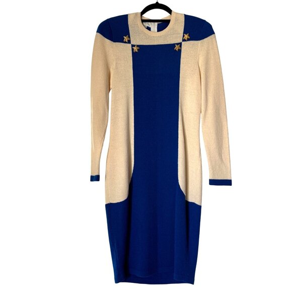 Antonella Preve Vintage 80's Small Blue/Cream Sweater Knit Dress Starfish Accent - Picture 1 of 10